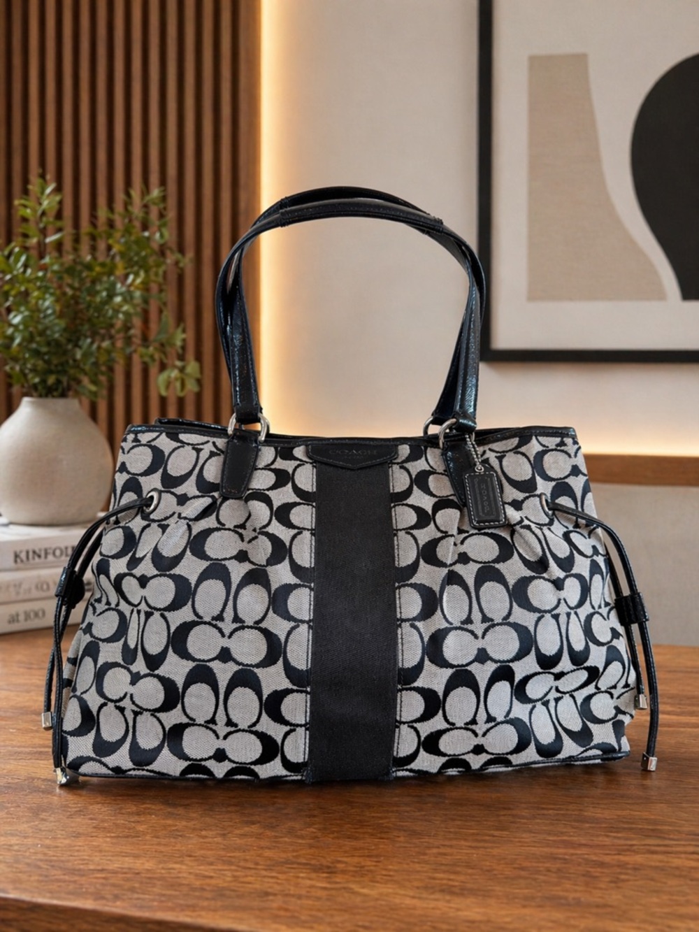 Coach Signature Stripe Drawstring Carryall